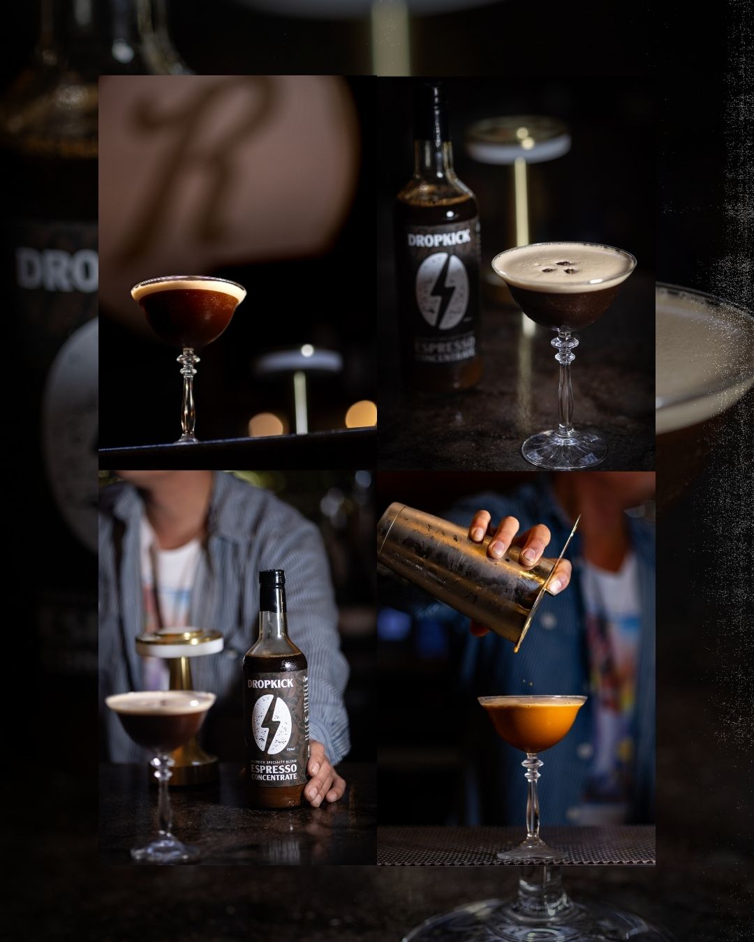 Photo collage of espresso martinis and espresso cocktail bottle and bartender making espresso cocktails